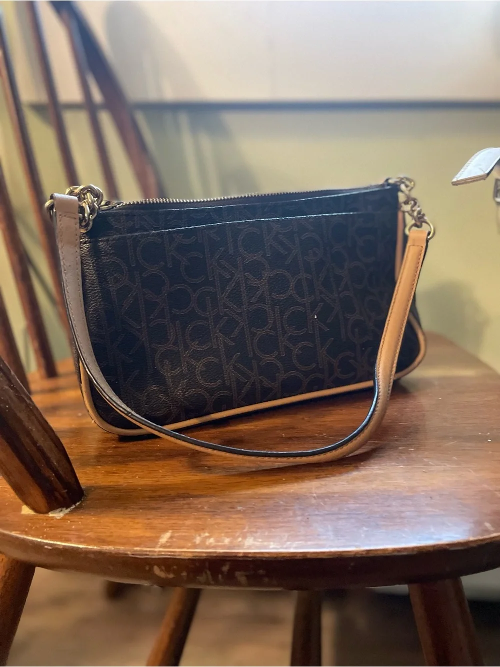 Calvin Klein Black Monogram Wristlet with Tan Trim